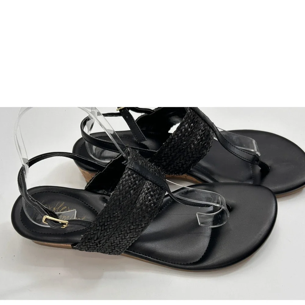 Dexflex Comfort Black Woven Cork Wedge Thong Sandals Women's Size 8 Coastal